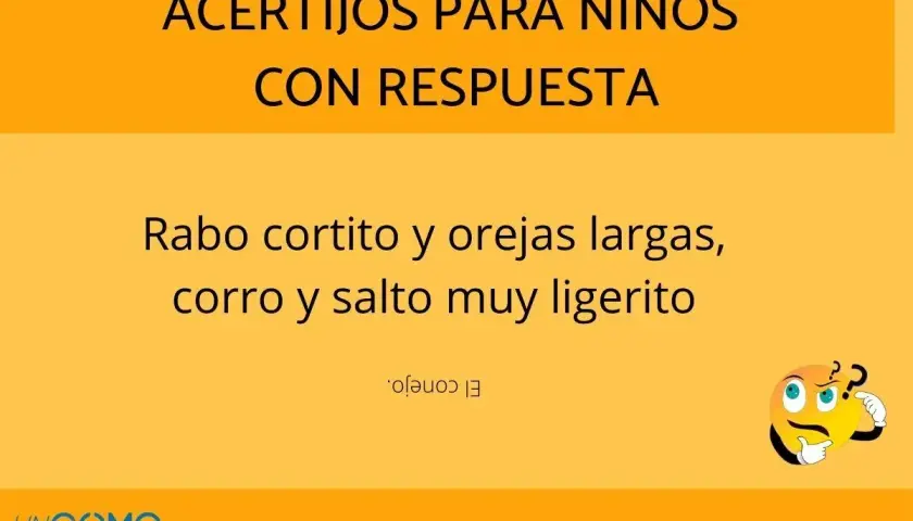 Acertijo para niños: "Rabo cortito y orejas largas, corro y salto muy ligerito". ¿Quién soy? El conejo.