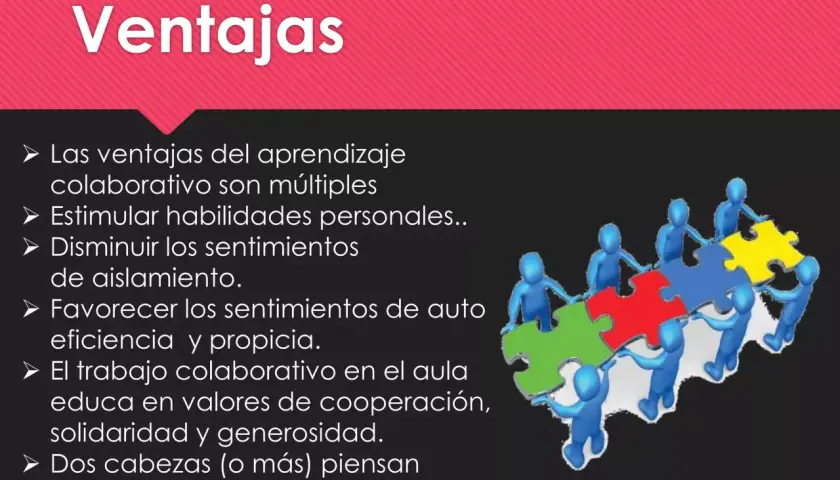 Figuras azules arman un rompecabezas, ilustrando las ventajas del aprendizaje cooperativo: estimula habilidades, reduce aislamiento y fomenta valores.