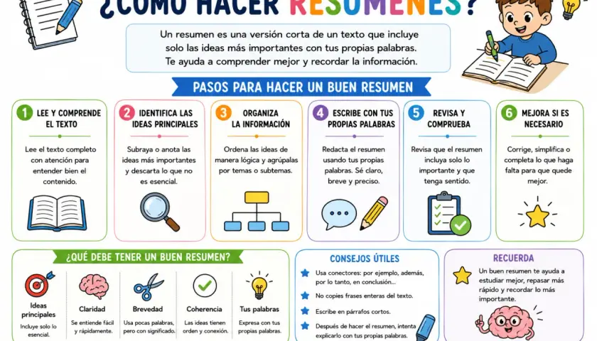 Pasos para estudiar: Lee, identifica ideas, organiza, escribe con tus palabras, revisa y mejora. Un buen resumen te ayuda a estudiar mejor.