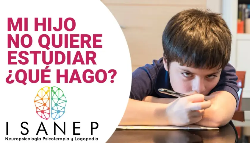 Un niño con expresión de aburrimiento, con la pregunta "¿qué hago si mi hijo no quiere estudiar?" en texto grande.