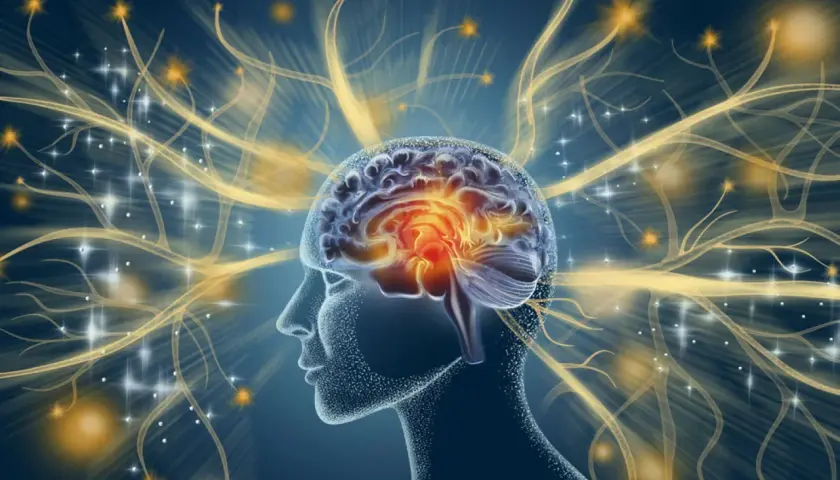 Silueta de cabeza humana con cerebro brillante y conexiones neuronales doradas, explorando curiosidades del cerebro.