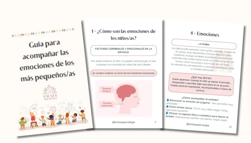 Guía para acompañar las emociones de los niños/as. Ilustración de niños jugando y aprendiendo a gestionar sus emociones.