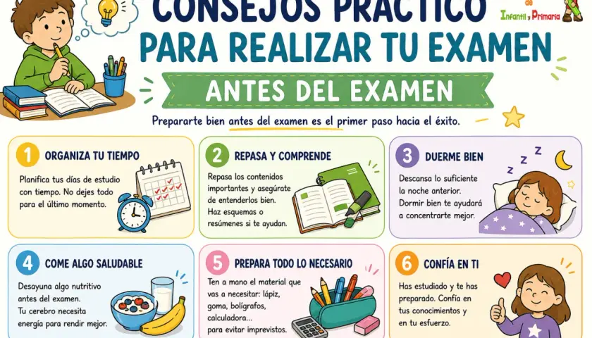 Consejos prácticos: qué hacer antes de un examen. Organiza tu tiempo, repasa, duerme bien, come saludable, prepara tus materiales y confía en ti.