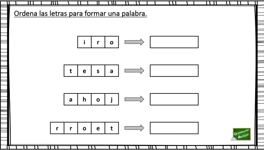 Ejercicio para aprender a leer: ordena las letras i, r, o para formar una palabra. Sigue con las demás.