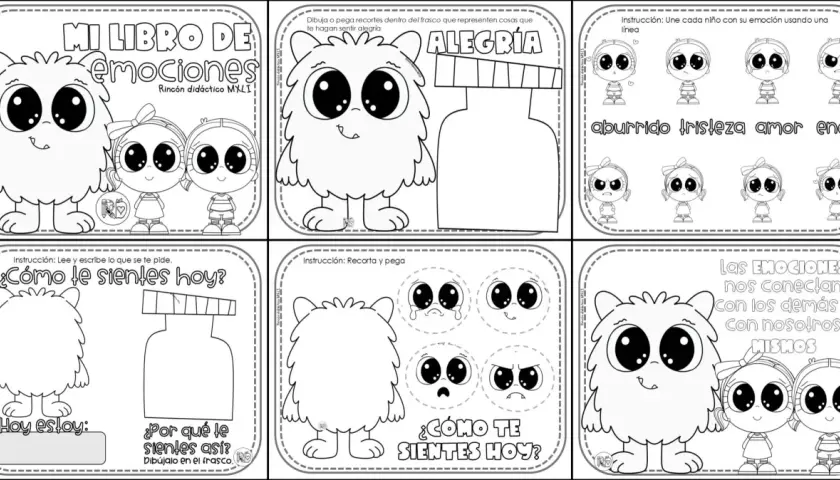 Páginas de un libro para colorear sobre la importancia de trabajar las emociones en infantil, con monstruos y niños expresando sentimientos.