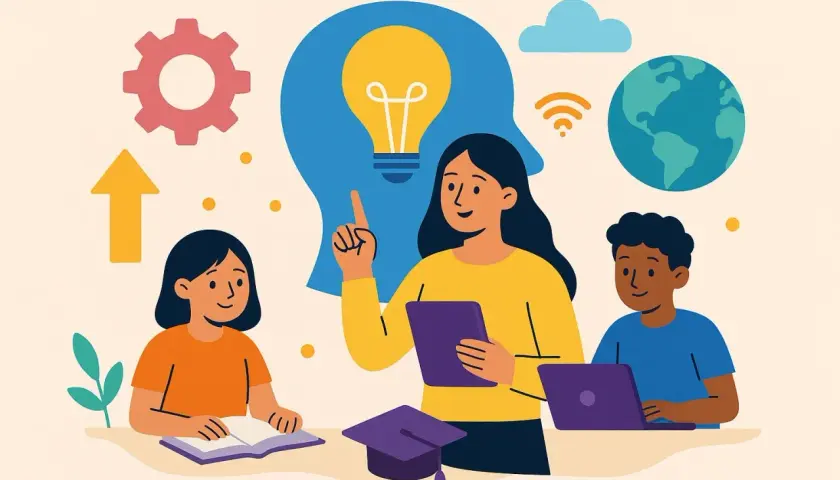 Ilustración de niños aprendiendo con una maestra, destacando la bombilla de ideas, el engranaje y el globo terráqueo como factores que influyen en el aprendizaje.