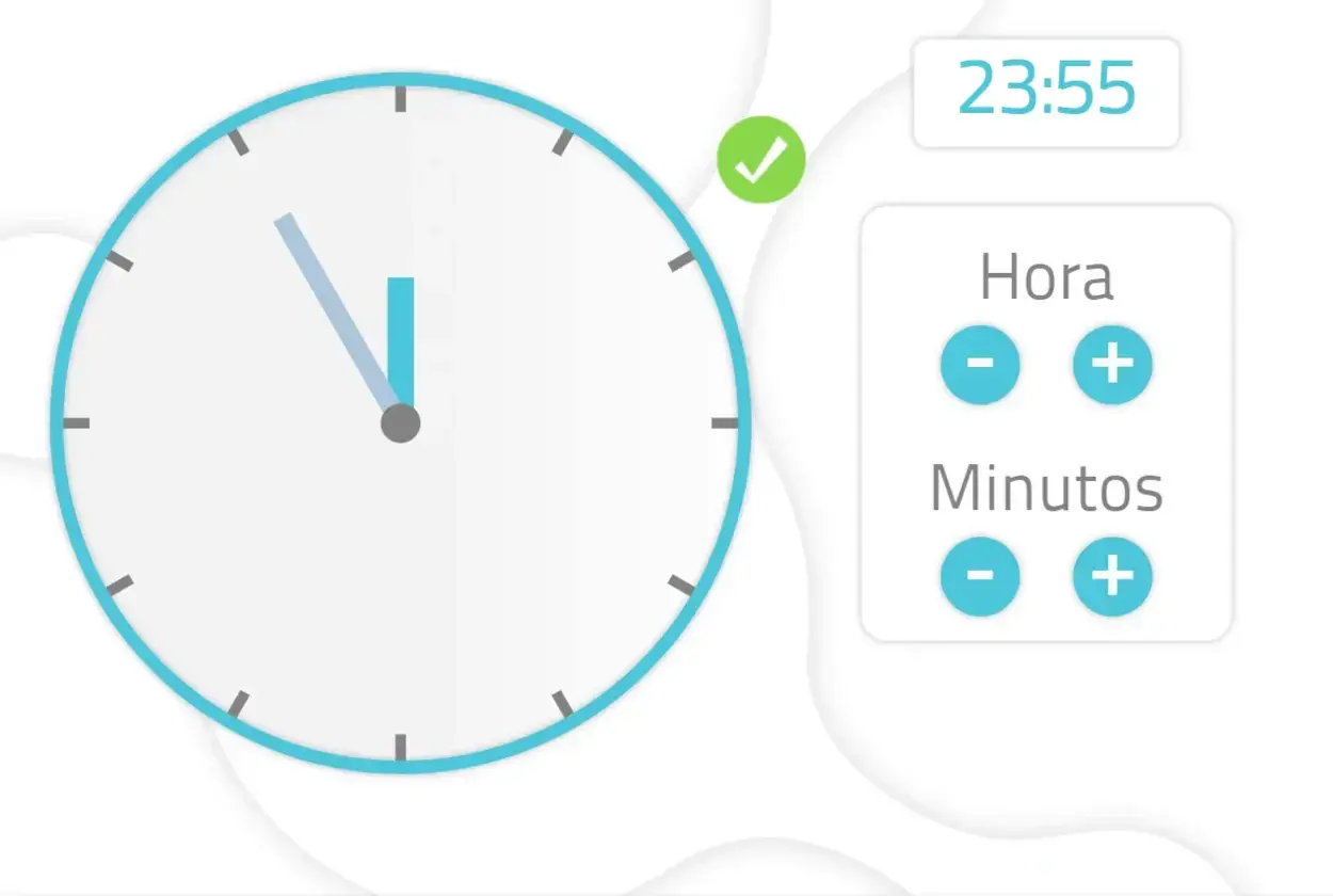 Reloj digital y analógico para ejercicios de memoria visual. Ajusta la hora y los minutos.