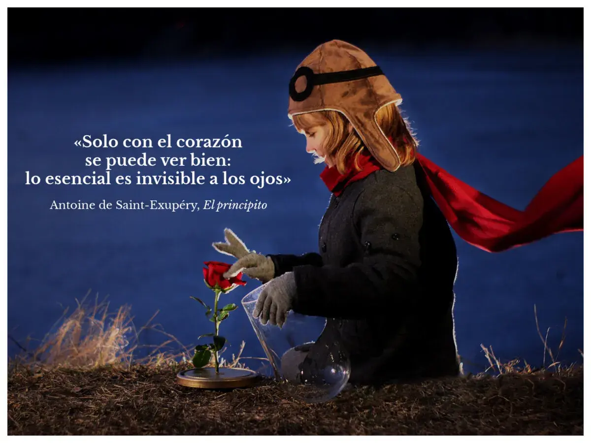 Niña con gorro de aviador y bufanda roja cuida una rosa, evocando palabras con sentimiento de "El Principito".