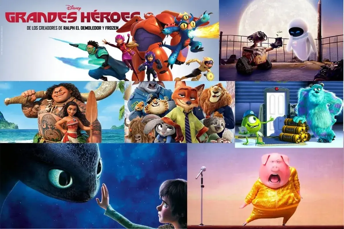 Collage de películas infantiles con valores: "Grandes Héroes", "Moana", "Zootopia", "WALL-E", "Monsters, Inc." y "Sing".