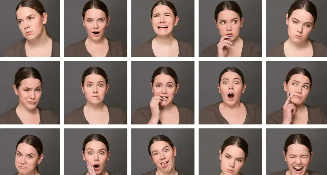 Serie de expresiones faciales de una mujer, mostrando diferentes emociones. Un ejemplo del **método ruler** para la interpretación.
