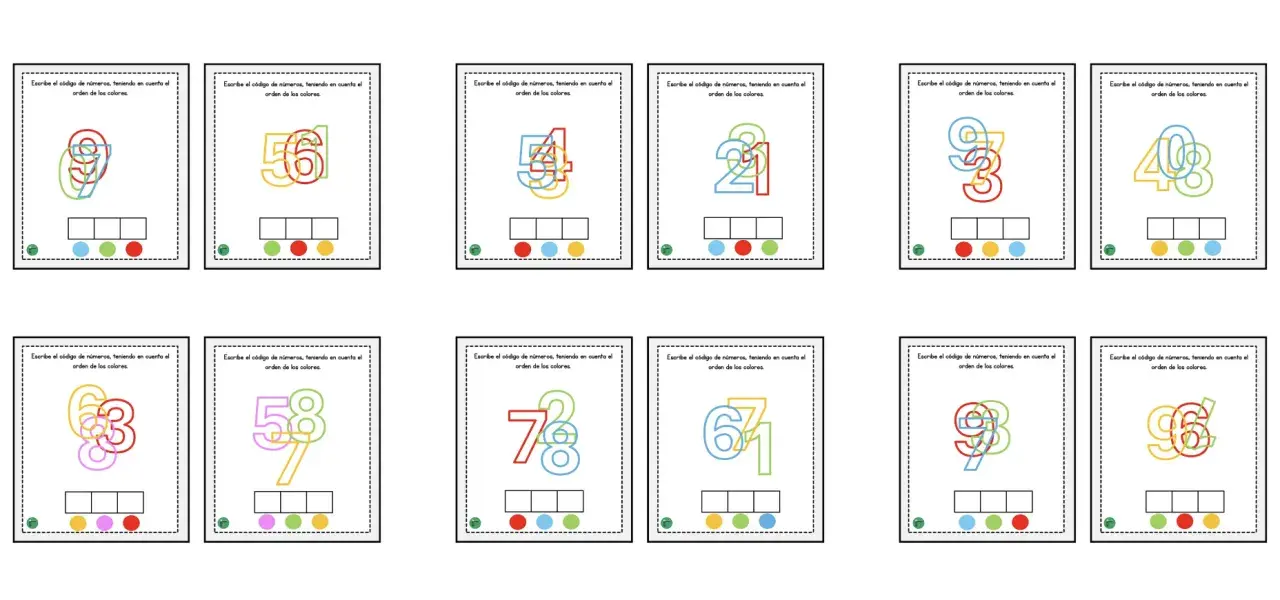 Tarjetas educativas con números superpuestos de colores para descifrar códigos. Curiosidades de los números para aprender jugando.