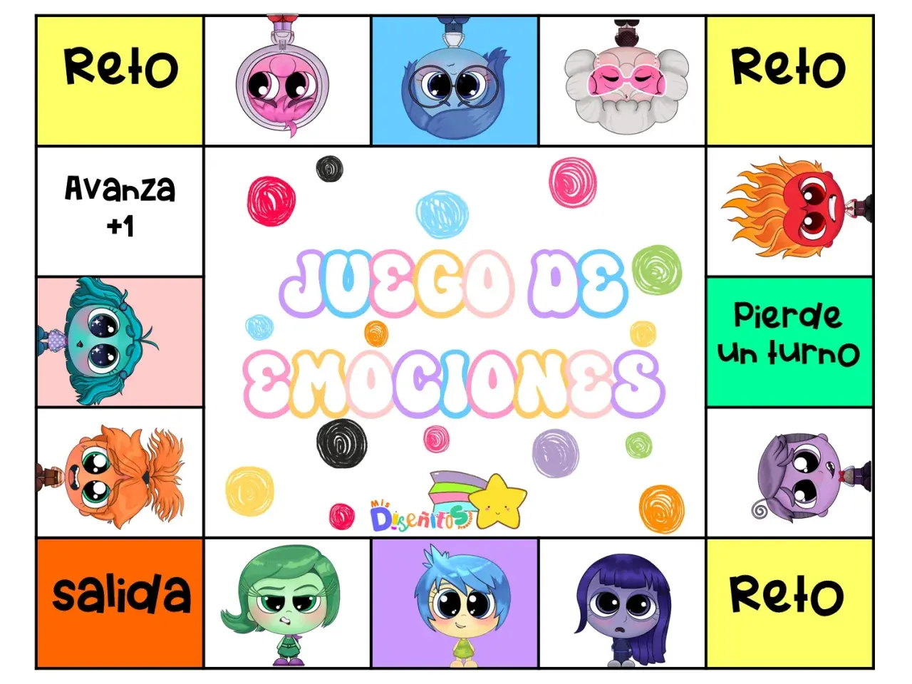 Tablero de juegos de las emociones para niños con personajes coloridos y casillas de "Reto", "Avanza +1", "Pierde un turno" y "Salida".