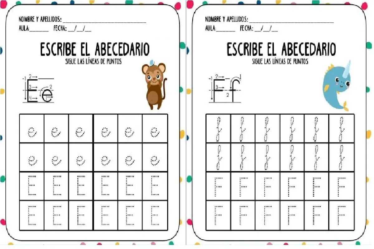 Fichas para aprender a escribir el abecedario, con letras E y F punteadas para trazar. Un mono y un narval animan el ejercicio.