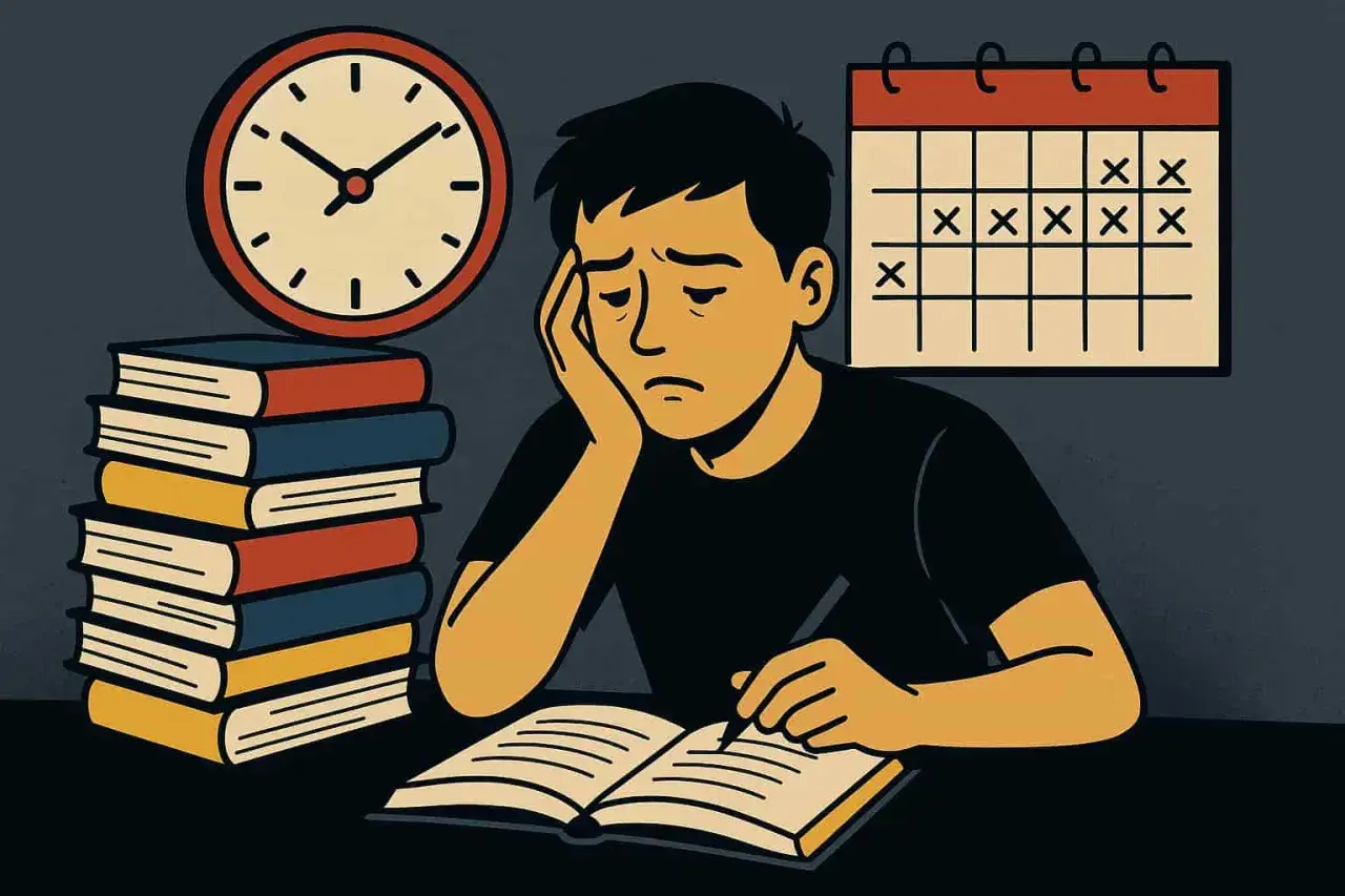 Estudiante agobiado, preguntándose cuantas horas hay que estudiar para un examen. Libros, reloj y calendario marcan la presión.