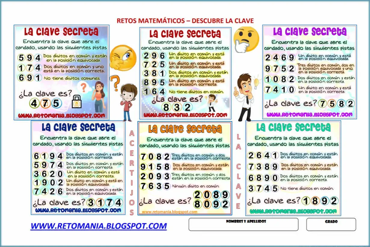 Retos matemáticos para resolver acertijos. Cada panel presenta un candado y pistas numéricas para descifrar la clave secreta.