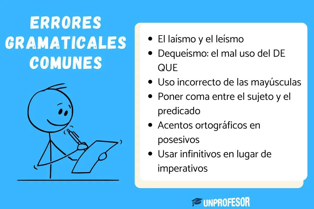 Un personaje de palo escribe, aprendiendo sobre errores comunes de gramática y sintaxis, como el dequeísmo.
