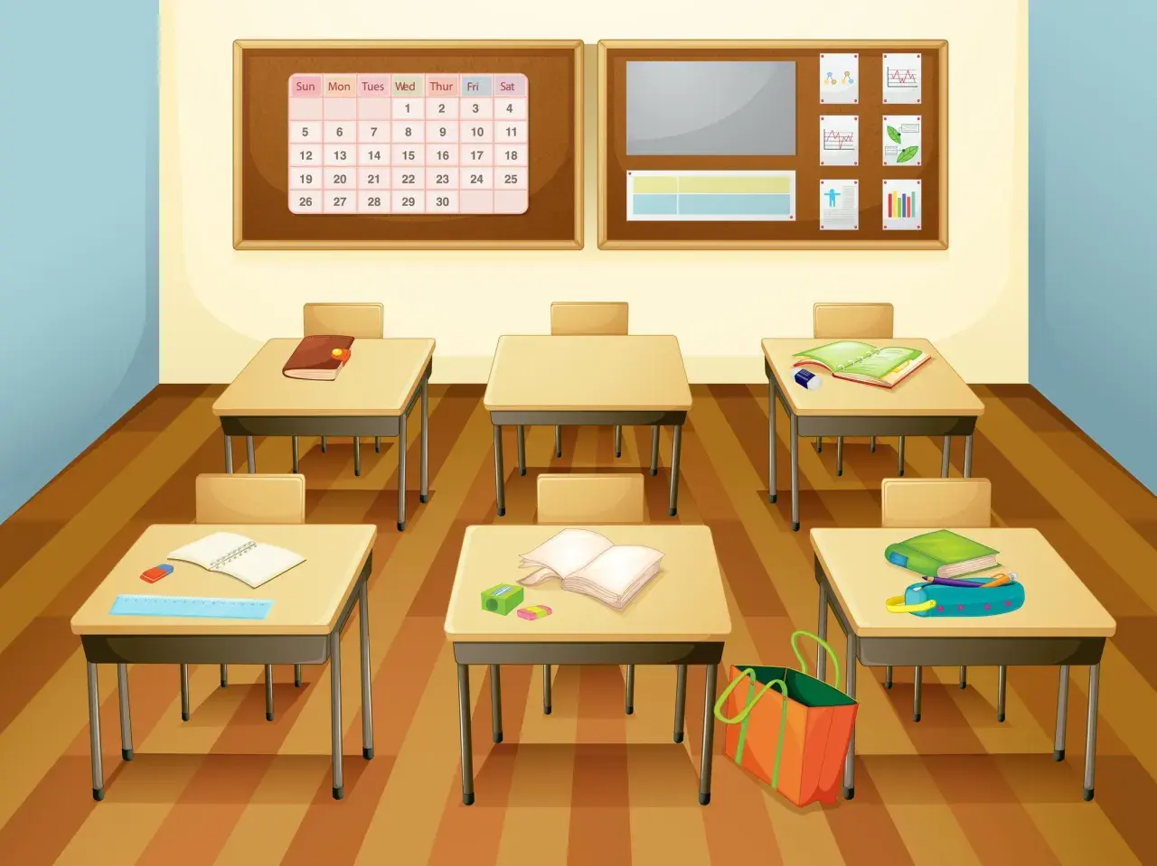 Aula vacía con pupitres, libros y un calendario, lista para un estudio cognitivo.