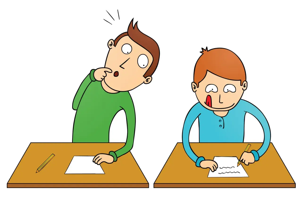 Dos estudiantes en pupitres. Uno, con expresión de sorpresa, se toca la barbilla, pensando cómo memorizar para un examen. El otro, concentrado, escribe.