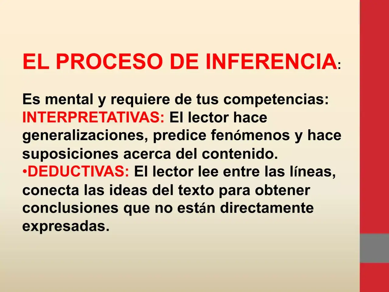 El proceso de inferencia es mental. Se divide en interpretativas (generalizaciones, predicciones) y deductivas (leer entre líneas para hacer inferencias).