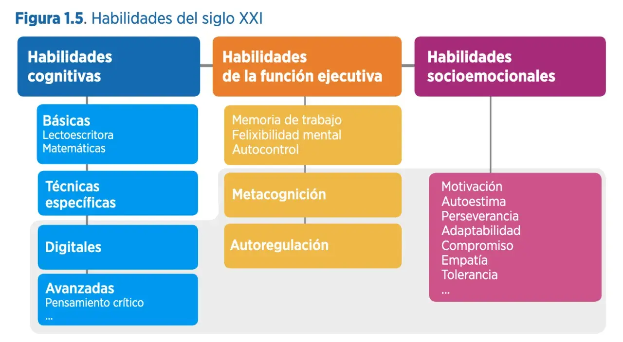 Diagrama de habilidades del siglo XXI: cognitivas (básicas, técnicas, digitales, avanzadas), de función ejecutiva (memoria, flexibilidad, autocontrol, metacognición, autorregulación) y socioemocionales (motivación, autoestima, etc.).
