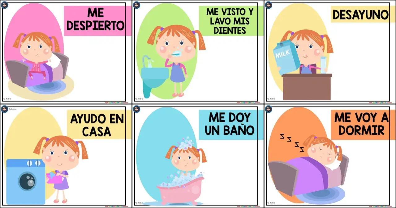 Niña en cama, lavándose dientes, desayunando, ayudando en casa, bañándose y durmiendo. Ilustra rutinas de aprendizaje diarias.