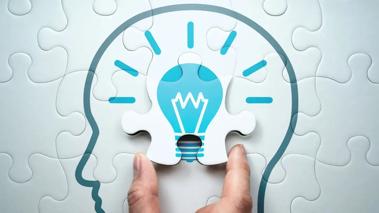 Manos ensamblan un rompecabezas que forma una cabeza con una bombilla de idea, simbolizando el aprendizaje cognitivo y la chispa de la inspiración.