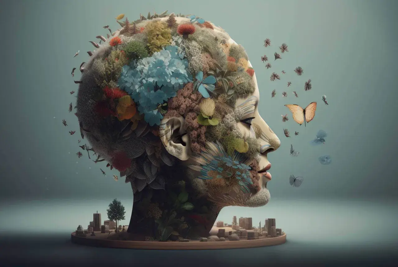 Cabeza humana cubierta de vegetación y flores, con mariposas revoloteando. Un paisaje urbano en miniatura se asienta en la base, evocando la **memoria eidética** de un mundo natural.