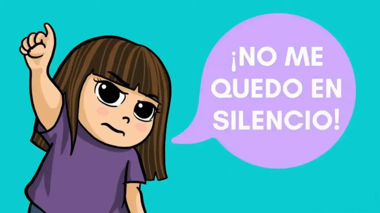 Niña con puño en alto y burbuja de diálogo que dice "¡NO ME QUEDO EN SILENCIO!". Ideal para videos educativos primaria.