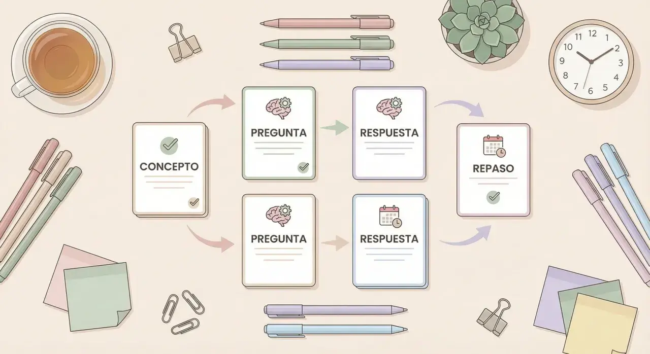 Diagrama de estudio: concepto, pregunta, respuesta y repaso. Un método de aprendizaje efectivo para el **active recall**.
