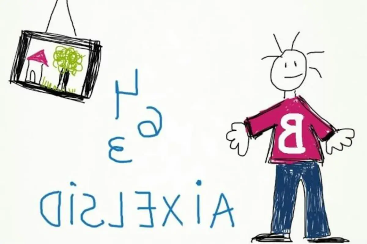 Un dibujo infantil muestra un cuadro con una casa y un árbol, letras desordenadas y un niño con una "B" en su camiseta, como si lo viera un disléxico.