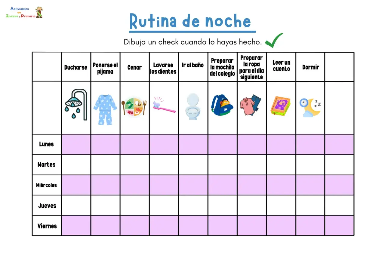 Pictograma para niños: tabla de rutina nocturna con iconos para ducharse, pijama, cenar, dientes, baño, mochila, ropa, cuento y dormir.