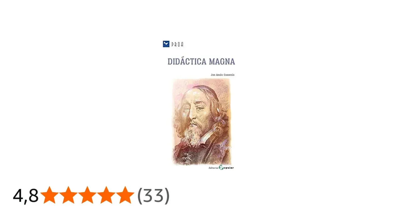 Portada de "Didáctica Magna" de Juan Amós Comenio, con retrato del autor y valoración de 4,8 estrellas.