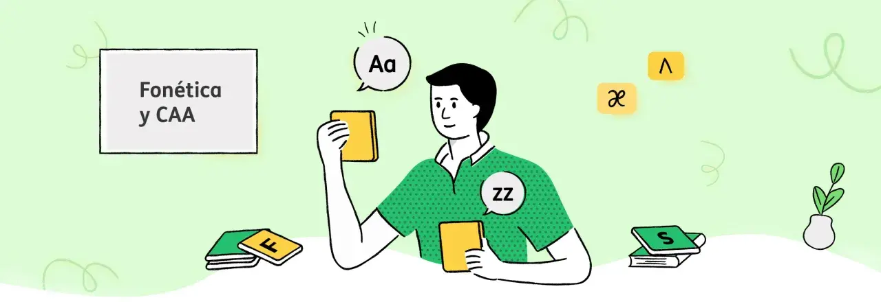 Un hombre aprende fonética y CAA. Un pictograma de "gracias" aparece en su mente.