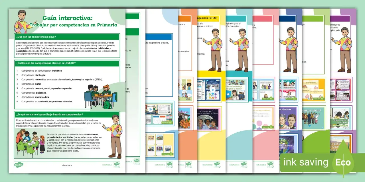 Guía interactiva sobre tipos de competencias educativas en Primaria, detallando las 8 competencias clave de la LOMLOE y el aprendizaje basado en ellas.