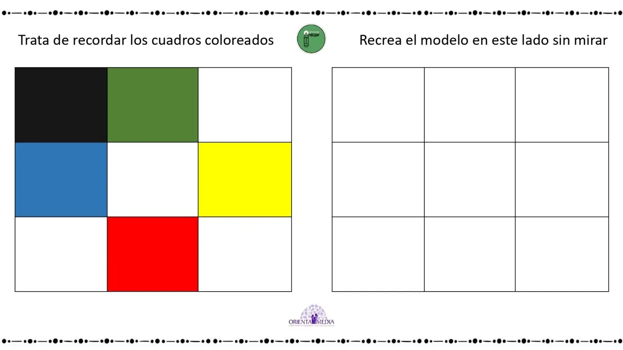 Ejercicio para la memoria visoespacial: reproduce el patrón de cuadros de colores (negro, verde, azul, amarillo, rojo) en el lado derecho.