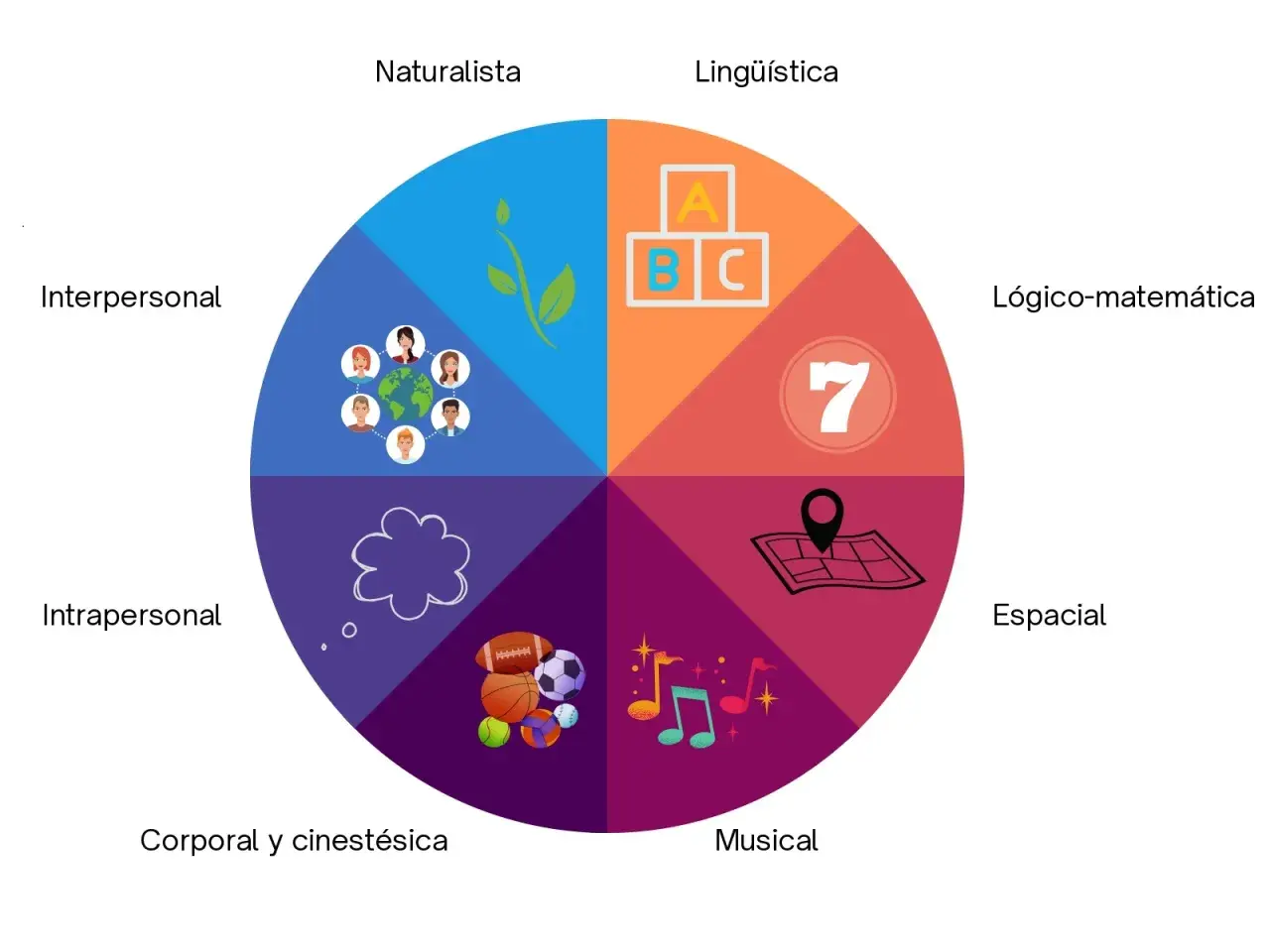 Diagrama circular ilustra las inteligencias múltiples: naturalista, lingüística, lógico-matemática, espacial, musical, corporal, intrapersonal e interpersonal.