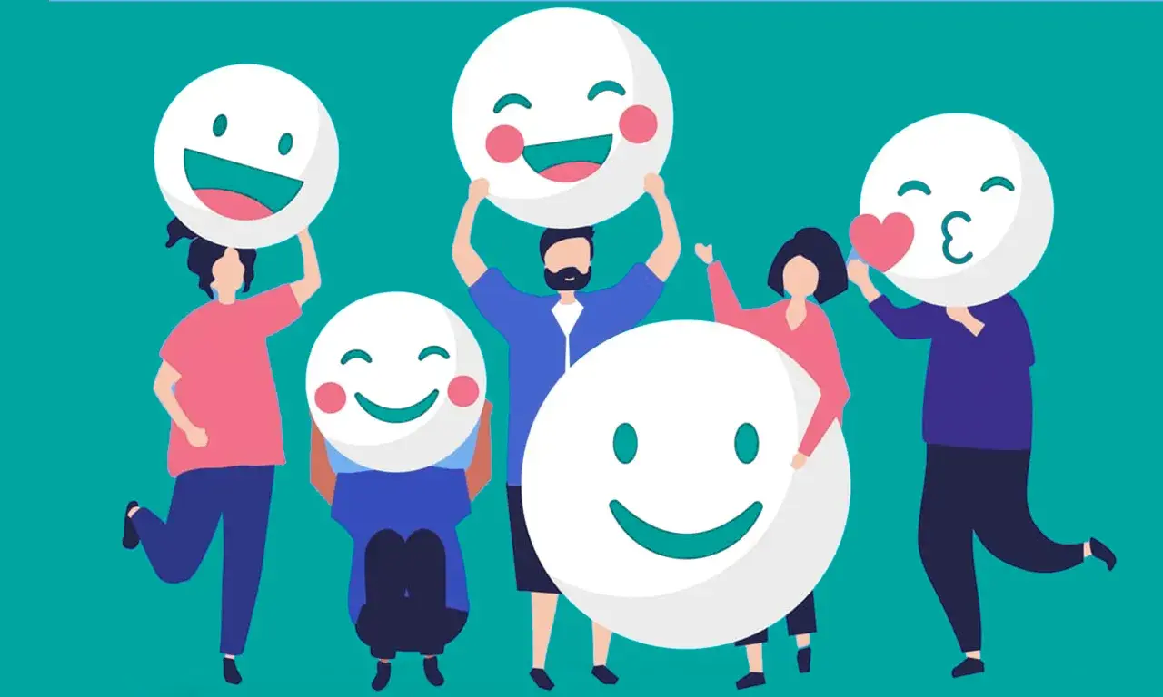 Personas celebrando la inteligencia emocional en el aula, mostrando diferentes caritas felices.