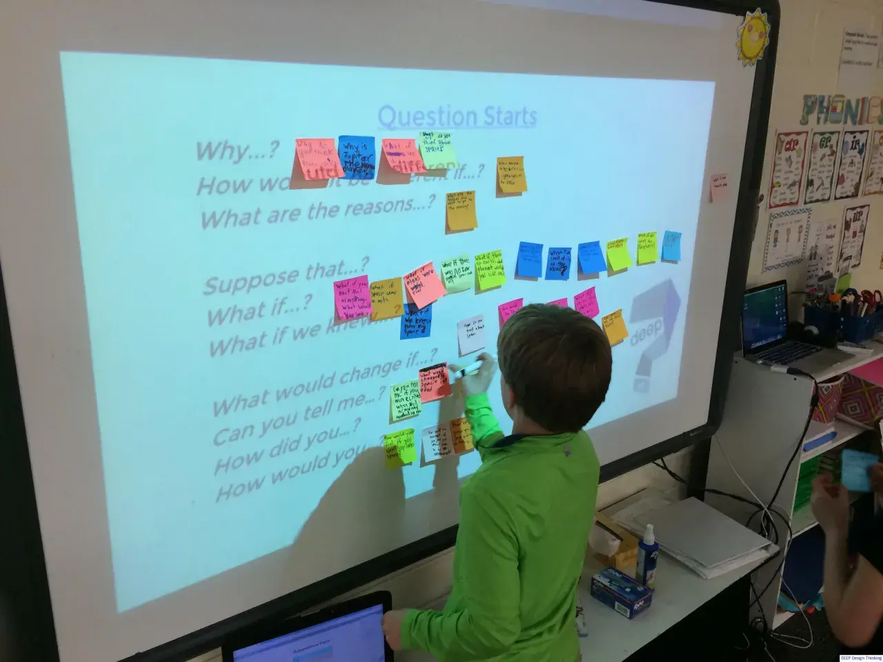 Un niño escribe en un pizarrón interactivo con preguntas para fomentar rutinas de pensamiento sobre el espacio.