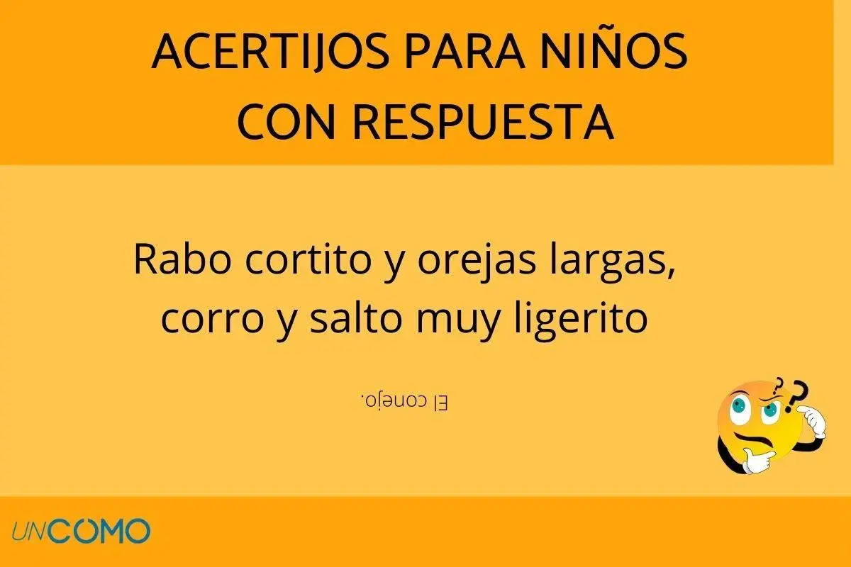 Acertijo para niños: "Rabo cortito y orejas largas, corro y salto muy ligerito". ¿Quién soy? El conejo.