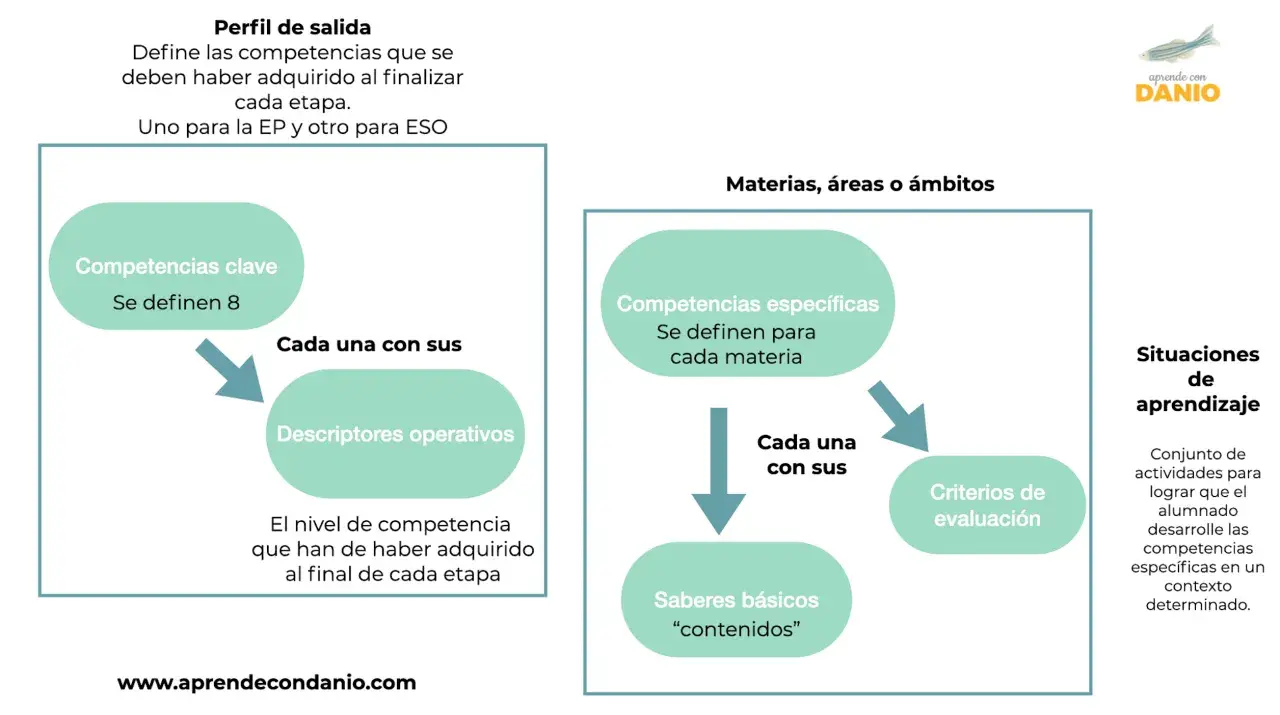 Diagrama que muestra cómo se definen las competencias clave y específicas, sus descriptores y saberes básicos, vinculados a situaciones de aprendizaje.