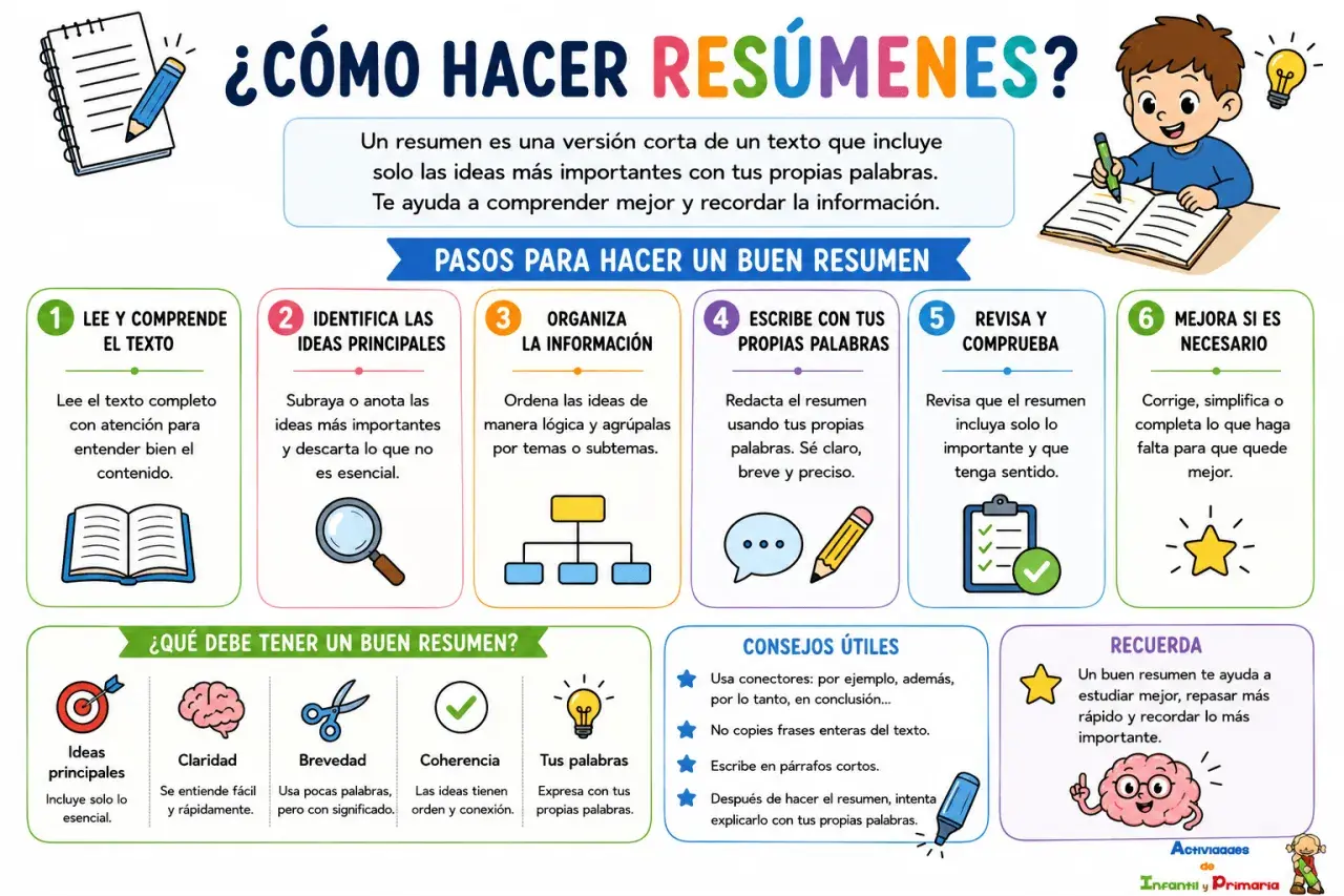 Pasos para estudiar: Lee, identifica ideas, organiza, escribe con tus palabras, revisa y mejora. Un buen resumen te ayuda a estudiar mejor.