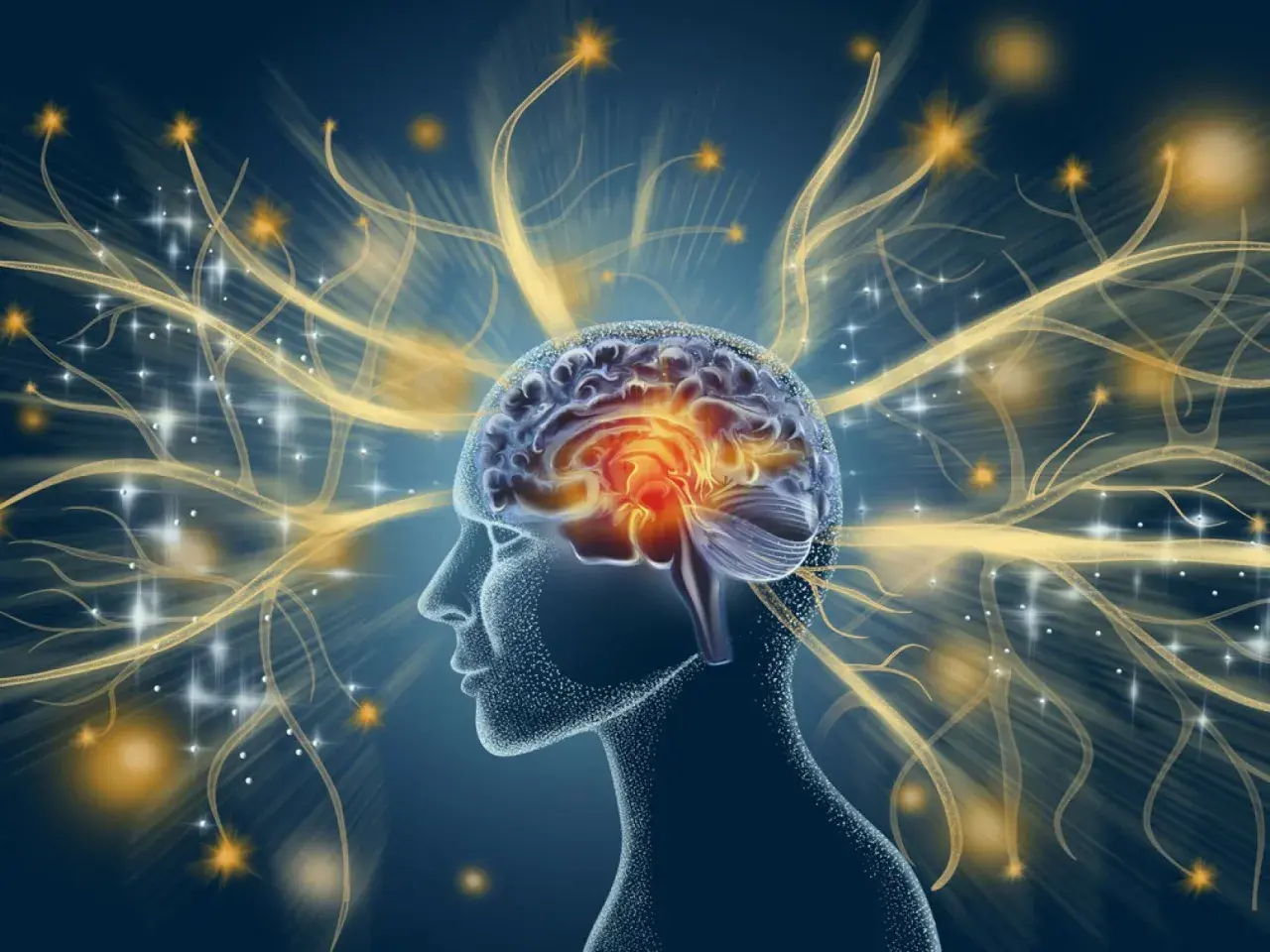 Silueta de cabeza humana con cerebro brillante y conexiones neuronales doradas, explorando curiosidades del cerebro.