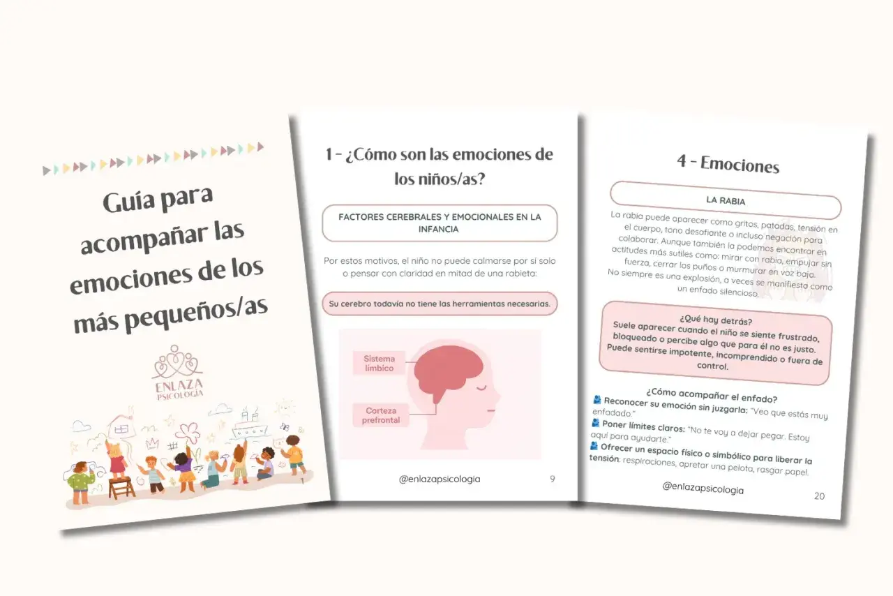 Guía para acompañar las emociones de los niños/as. Ilustración de niños jugando y aprendiendo a gestionar sus emociones.