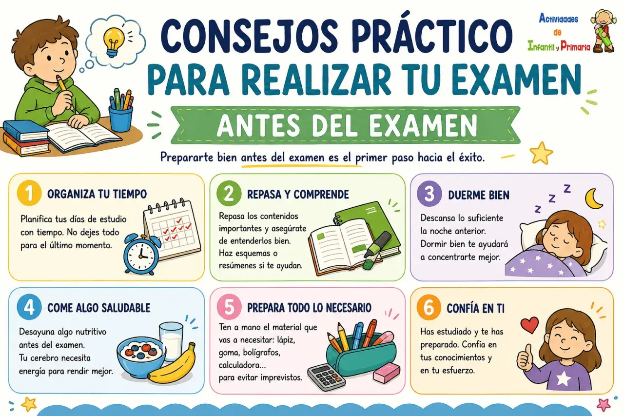 Consejos prácticos: qué hacer antes de un examen. Organiza tu tiempo, repasa, duerme bien, come saludable, prepara tus materiales y confía en ti.