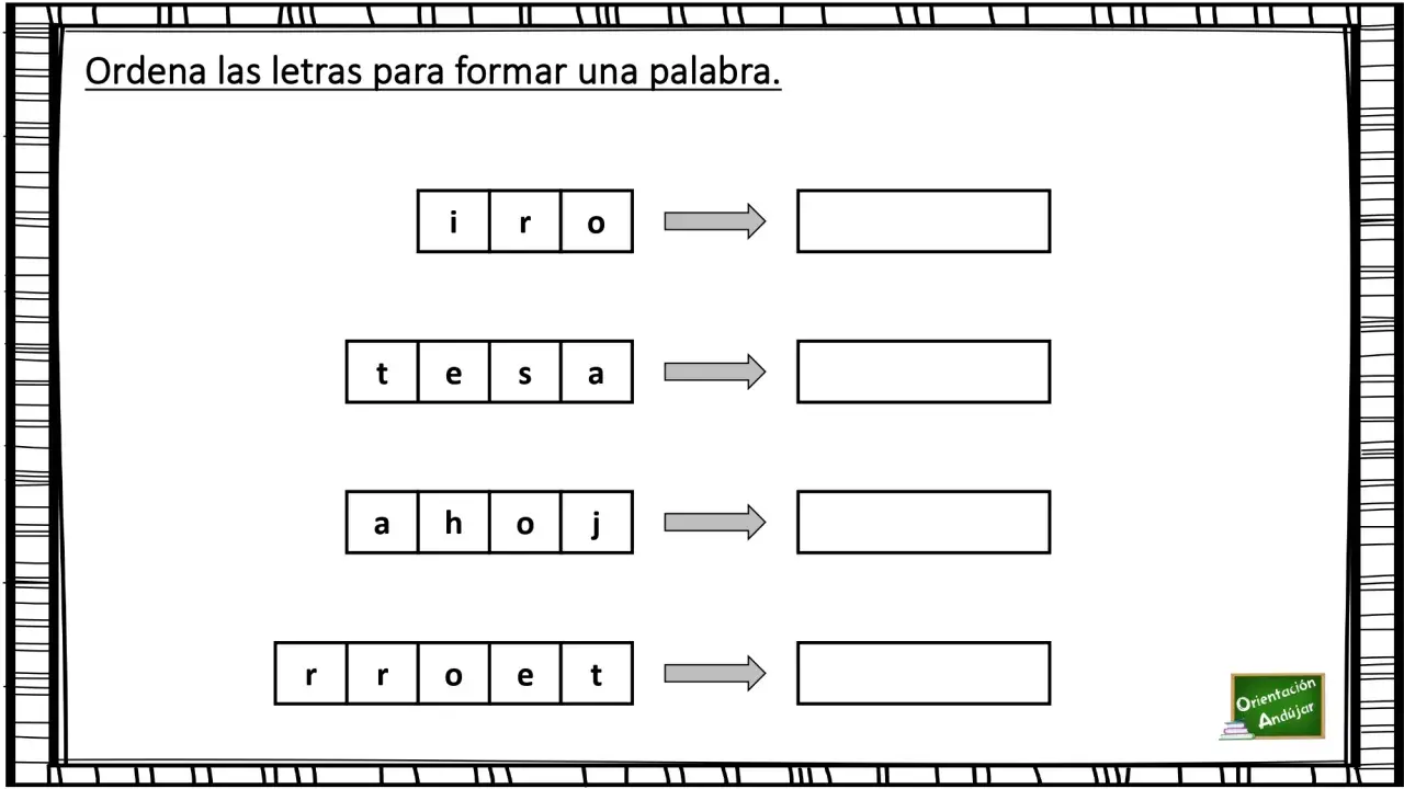 Ejercicio para aprender a leer: ordena las letras i, r, o para formar una palabra. Sigue con las demás.