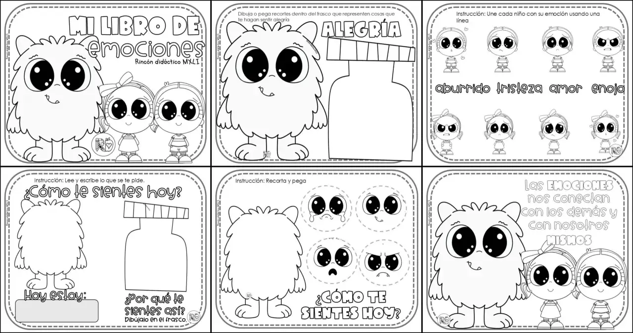 Páginas de un libro para colorear sobre la importancia de trabajar las emociones en infantil, con monstruos y niños expresando sentimientos.