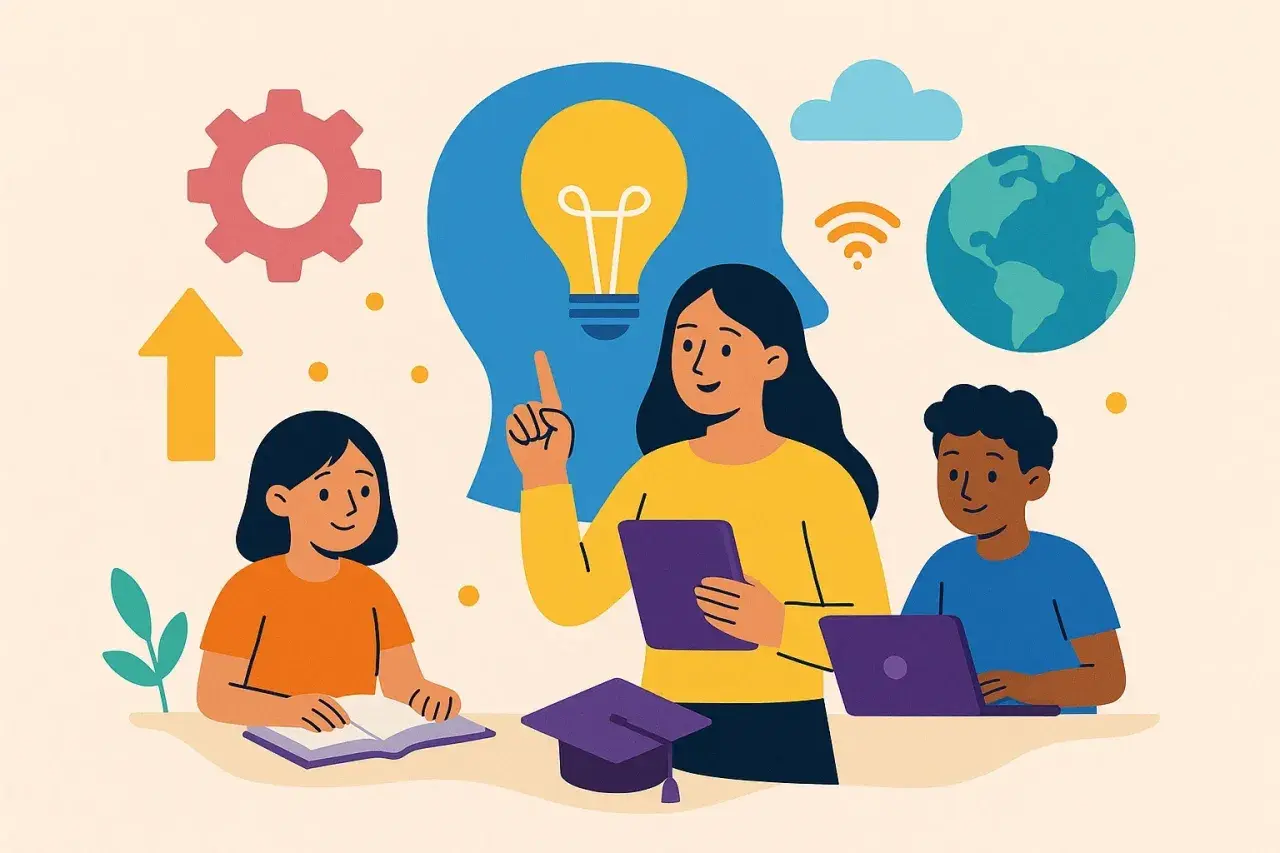 Ilustración de niños aprendiendo con una maestra, destacando la bombilla de ideas, el engranaje y el globo terráqueo como factores que influyen en el aprendizaje.