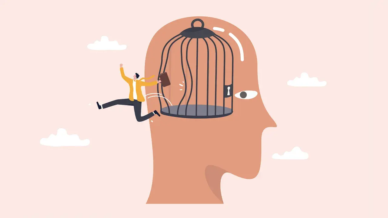 Hombre escapa de una jaula dentro de una cabeza, simbolizando la superación de una mente bloqueada.