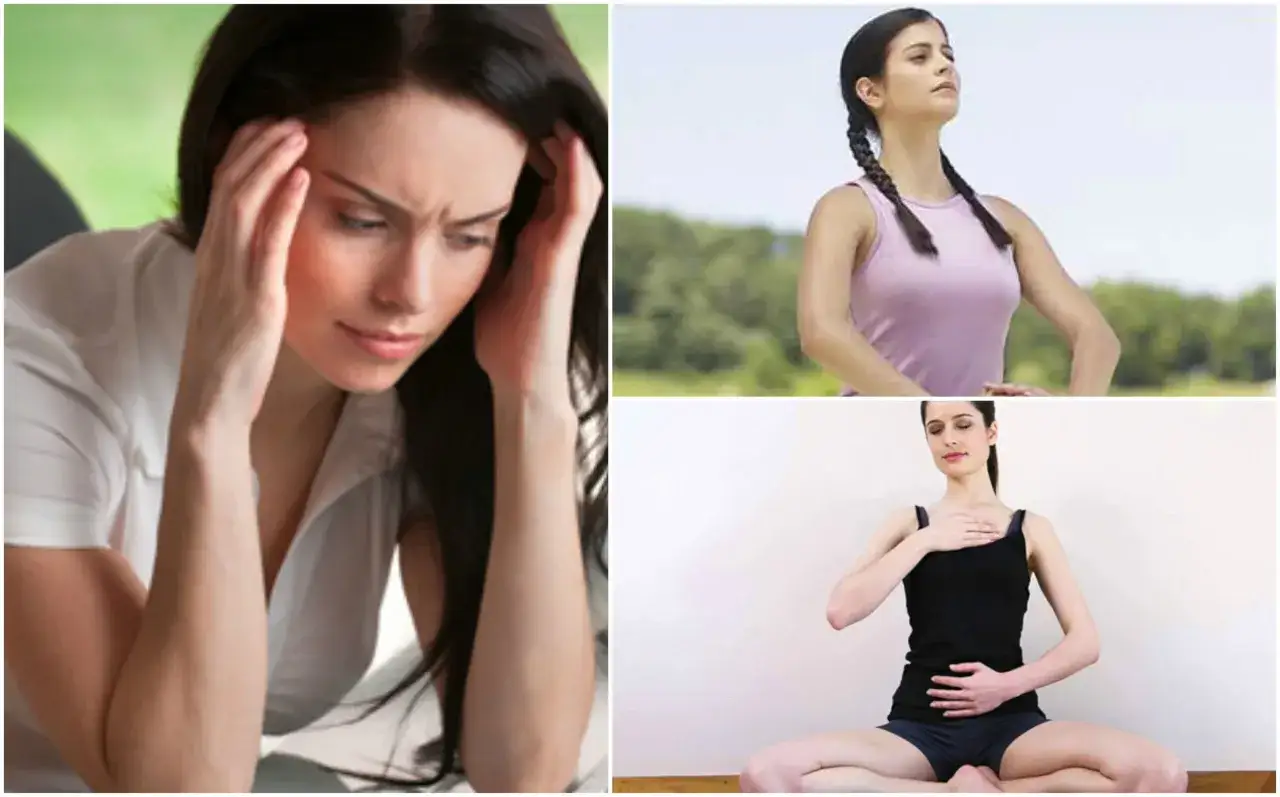 Mujer con dolor de cabeza, otra respirando al aire libre y una tercera meditando para calmar ansiedad y relajar la mente.