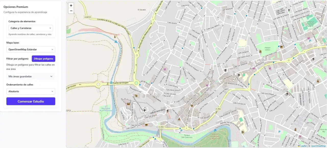 Mapa interactivo para aprender a estudiar un callejero, mostrando calles, r&iacute;os y puntos de inter&eacute;s.